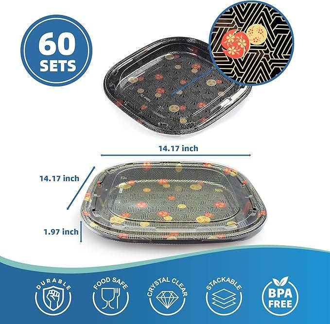 Square Sushi Container (Sakura) 14.17"×14.17"×1.97" With Lid, 60 Pack for Sushi Service & Gatherings