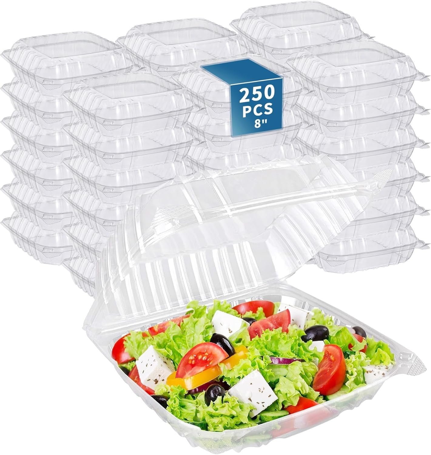 250-Pack 8.26×8.26×1.92 Inch Clear Square Hinged Plastic Containers - Disposable Takeout Food Storage Containers for Burgers, Cakes