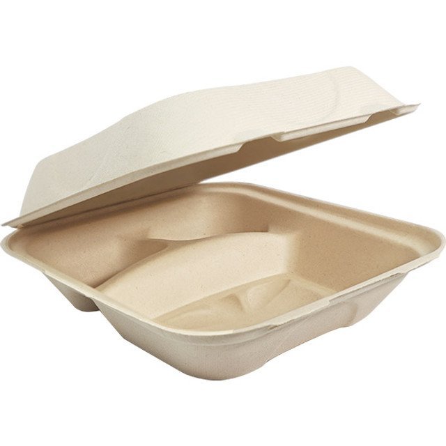 Compostable 3-Compartment Container, 8"L x 8"W, 100 ct