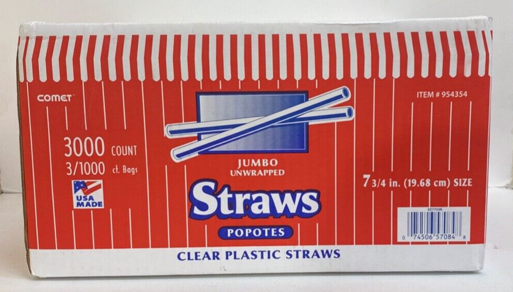 7-3/4'' Plastic Jumbo Straw, Clear, 3000 ct Unwrapped
